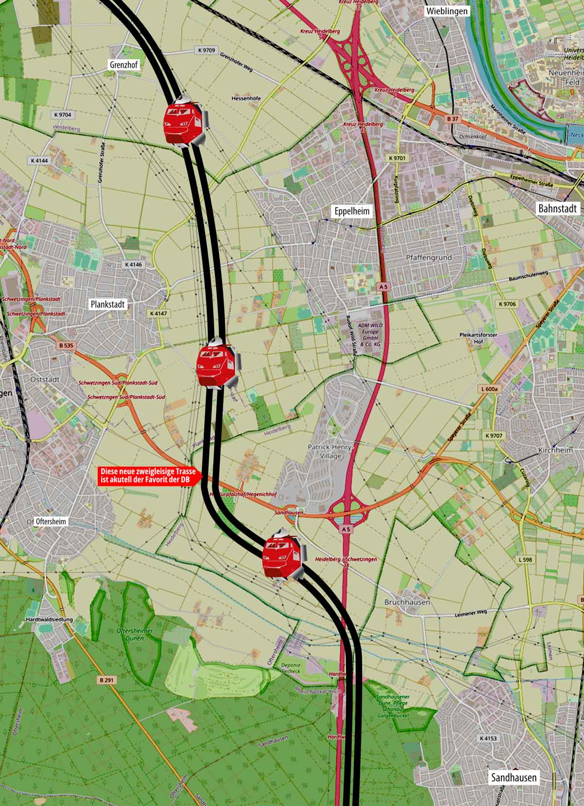 Die aktuell von der DB geplante neue Güterbahntrasse zwischen Plankstadt und Eppelheim