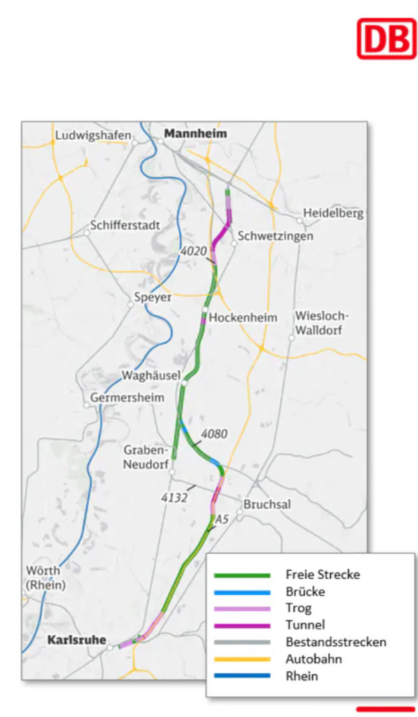 Bahntrasse Mannheim–Karlsruhe, Karte schematische Darstellung: Auswahl der Variante R4 beim 15. Dialogforum der Deutschen Bahn